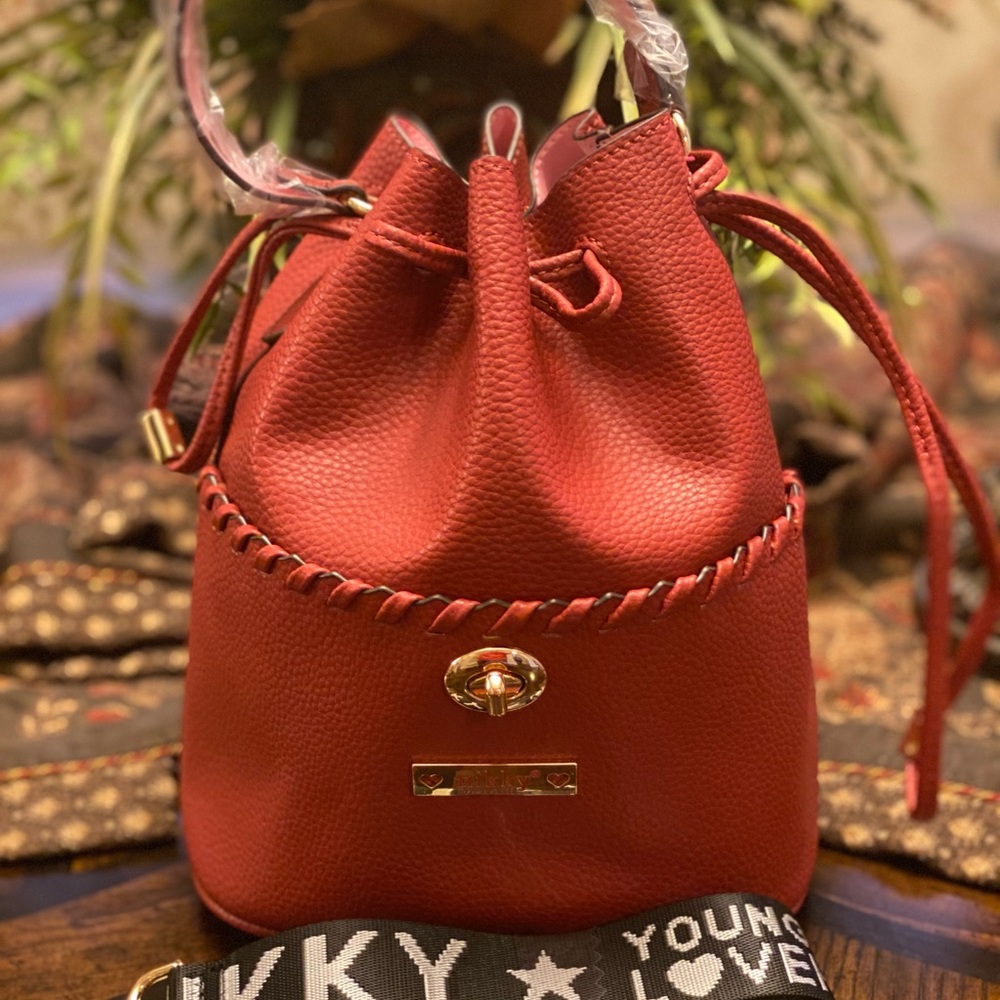 Nicole Lee Red Crossbody Bucket Bag with Gold Hardware